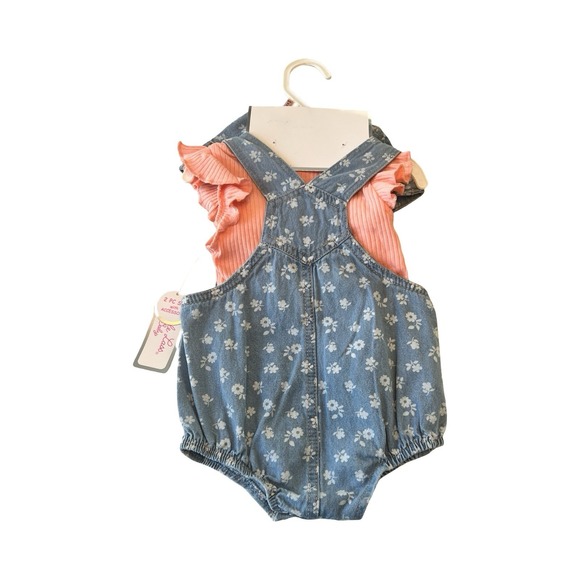 Little Lass Girls 2 Piece Denim Daisy Bubble Overalls Set Bucket Hat 6M Nwt - Picture 3 of 3
